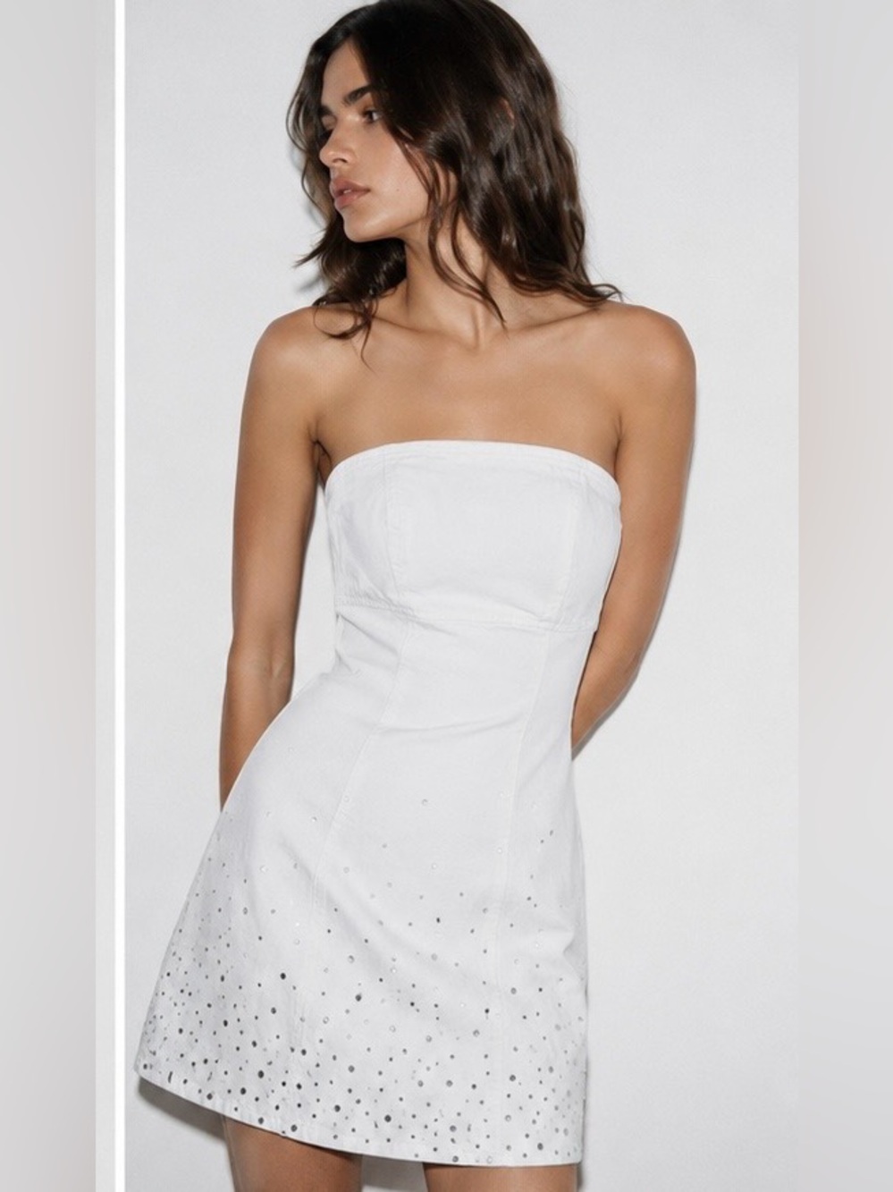 Zara Z1975 White Glitter Denim Strapless Mini Dress S NWT